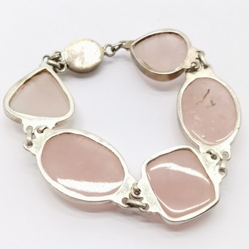 609 - Silver bracelet set with large rose quartz cabochon stones - 20cm long & 63g total weight