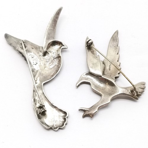 615 - 2 x silver marcasite bird brooches - longest 8cm and has some losses ~ total weight (2) 29g