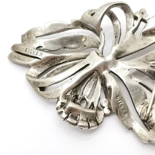 616 - 3 silver marked brooches (floral marcasite 7cm drop) t/w 3 unmarked brooches ~ the enamel ship brooc... 