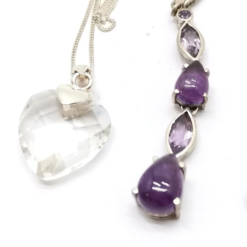 641 - Silver amethyst necklet (44cm + 6cm drop) t/w 2 silver chains with pendants (crystal & unmarked fish... 