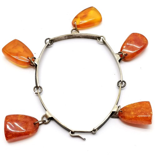 644 - Russian 875 silver bracelet with amber bead drops - 18cm & 18g total weight