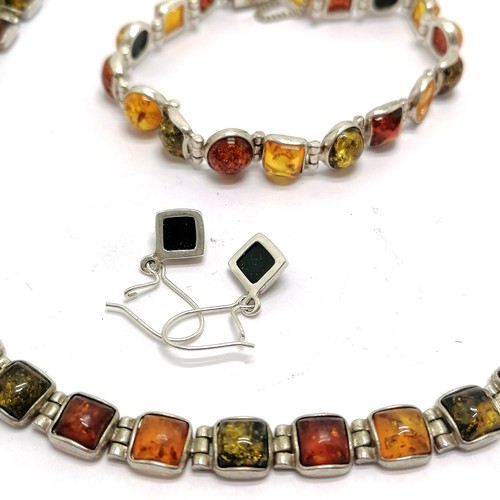 673 - Silver amber set necklace (42cm), bracelet + earrings - total weight 45g