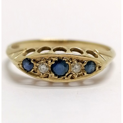 710 - 9ct hallmarked gold sapphire & diamond ring - size O½ & 1.3g total weight