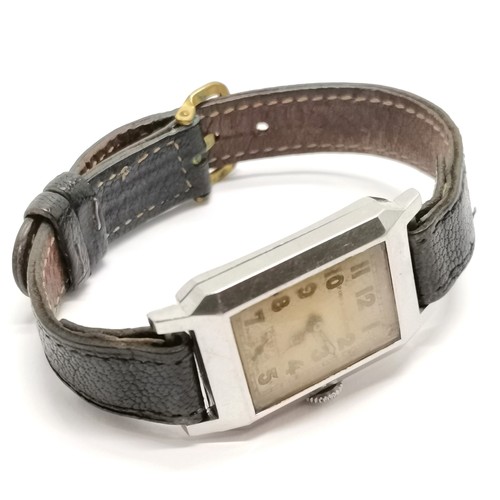 733 - Art Deco P.Orr & Sons stainless steel 38mm long cased manual wind wristwatch on an original leather ... 