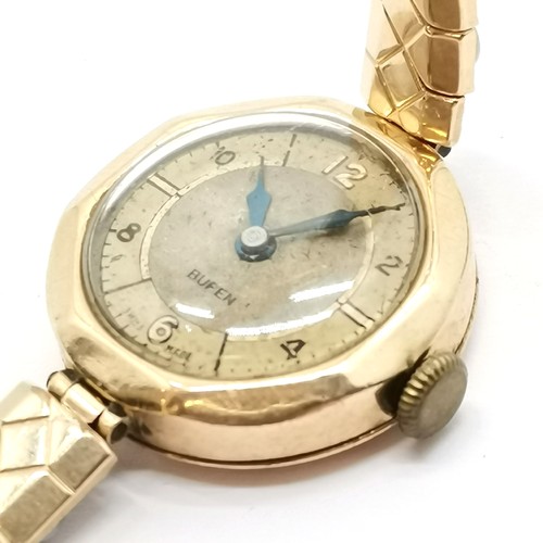 743 - 9ct gold (20mm) cased Buren ladies vintage wristwatch on a stretchy gold plated bracelet (17.7g tota... 