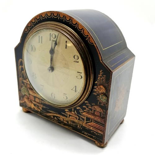 748 - Antique blue grounded Chinoiserie decorated clock with French movement - 14.5cm high ~ runs BUT WE C... 