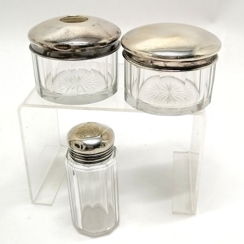 761 - Qty of silver comprising 3 x glass jars, 2 x spill vases (tallest 18cm) & a 3-piece dressing table s... 