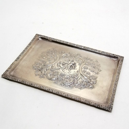 768 - Mappin & Webb 1901 good quality silver heavy tray with embossed cherub detail to centre - 27cm x 20c... 