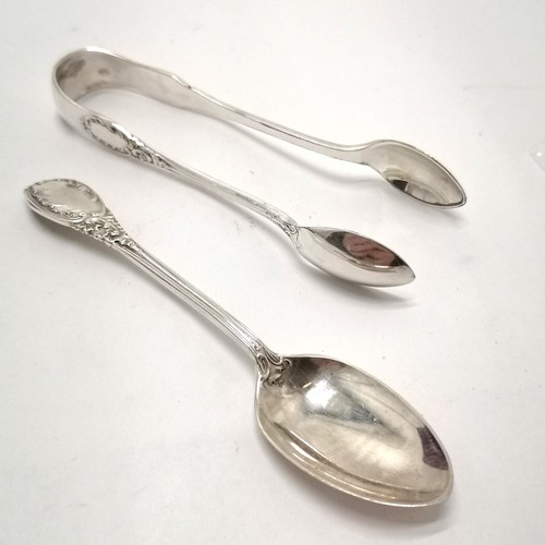 772 - Mappin & Webb 1893 silver cased set of 12 teaspoons with matching tongs - silver weight 217g & case ... 