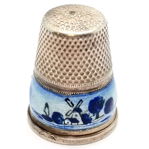 780 - Antique silver thimble size 4 with blue enamel of windmill & boats in original fitted leather covere... 