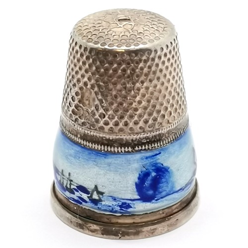 780 - Antique silver thimble size 4 with blue enamel of windmill & boats in original fitted leather covere... 