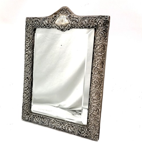 785 - Silver hallmarked 1901 framed bevelled mirror with easel back by Henry Matthews 20cm x 28cm - monogr... 