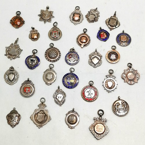 787 - 29 x silver fobs (inc some with unmarked gold detail and enamel detail) - inc football, darts, boxin... 