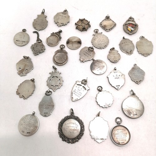 788 - 29 x silver fobs (inc unmarked gold detail & enamel) - dancing, choir, tug of war, coin brooch, cric... 