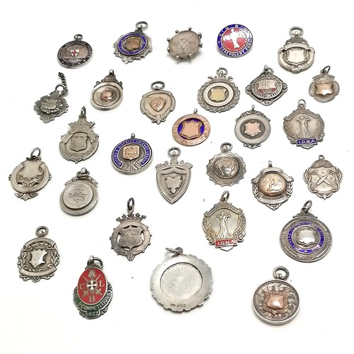 788 - 29 x silver fobs (inc unmarked gold detail & enamel) - dancing, choir, tug of war, coin brooch, cric... 