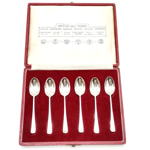 796 - Cased 1957 set of 6 x teaspoons with different assay marks inc Glasgow, Chester etc - silver weight ... 