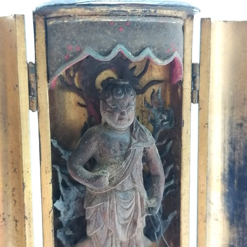 25 - Antique Burmese standing deity figure in black lacquer shrine 11.5cm high ~ traces of original paint... 