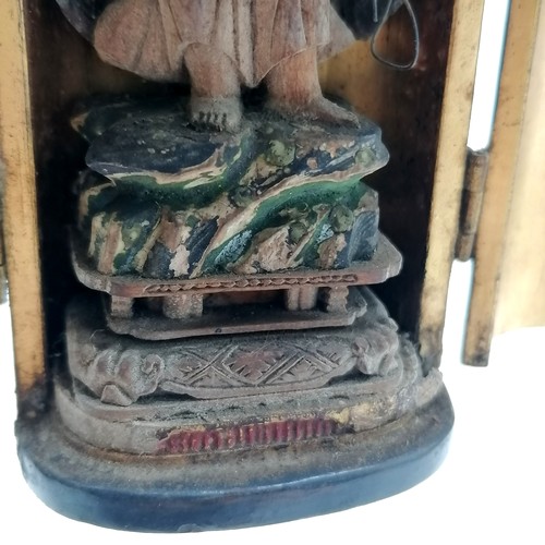 25 - Antique Burmese standing deity figure in black lacquer shrine 11.5cm high ~ traces of original paint... 