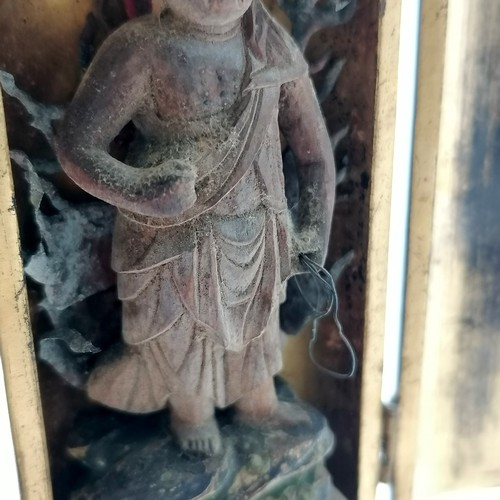 25 - Antique Burmese standing deity figure in black lacquer shrine 11.5cm high ~ traces of original paint... 