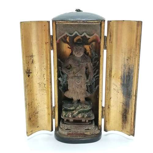 25 - Antique Burmese standing deity figure in black lacquer shrine 11.5cm high ~ traces of original paint... 