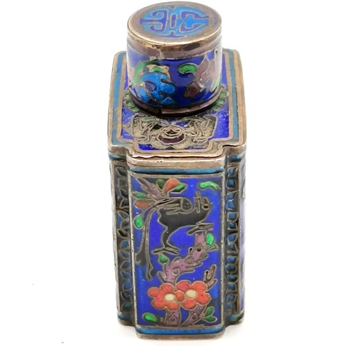 27 - Chinese miniature silver marked snuff bottle with finely worked cloisonne detail - 4cm high & 32g to... 