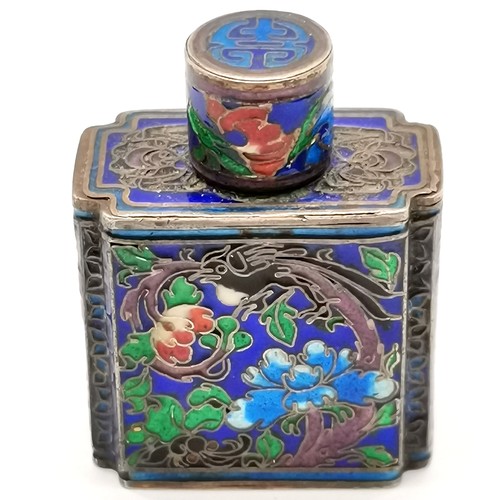 27 - Chinese miniature silver marked snuff bottle with finely worked cloisonne detail - 4cm high & 32g to... 