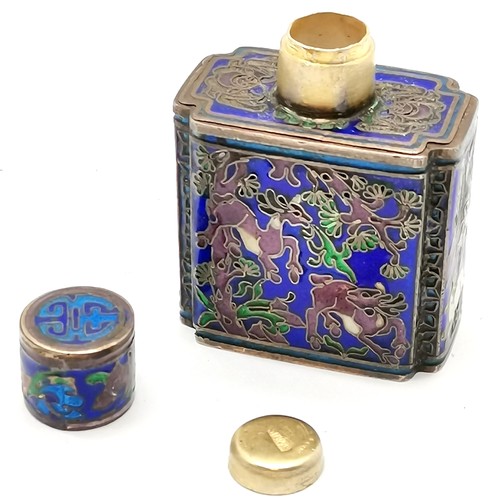 27 - Chinese miniature silver marked snuff bottle with finely worked cloisonne detail - 4cm high & 32g to... 