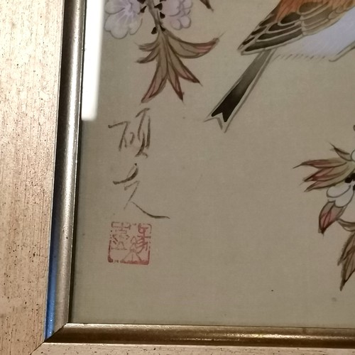 29 - 2 x Chinese hand painted pictures of prunus bird studies in a classical gilt frame. 37cm x 36cm fram... 