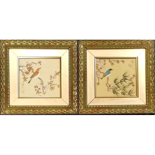 29 - 2 x Chinese hand painted pictures of prunus bird studies in a classical gilt frame. 37cm x 36cm fram... 