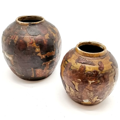 33 - 2 x antique Oriental ginger jars with Victorian applied scrap detail - largest 16cm high