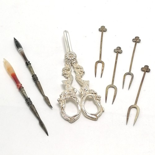 39 - Pair of silver plated grape scissors (16cm & in good bright condition) t/w 2 x antique steel nut pic... 