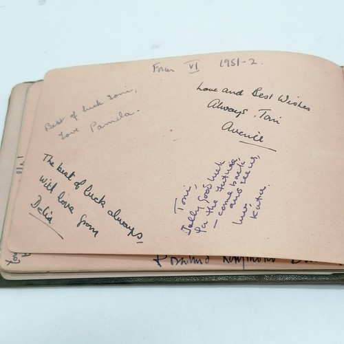 42 - Vintage Autograph book with many signatures inc Peter Cushing, David Lean, Martha Raye, Gertrude Law... 