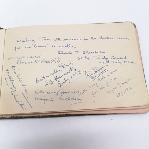 42 - Vintage Autograph book with many signatures inc Peter Cushing, David Lean, Martha Raye, Gertrude Law... 