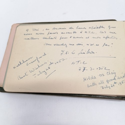 42 - Vintage Autograph book with many signatures inc Peter Cushing, David Lean, Martha Raye, Gertrude Law... 