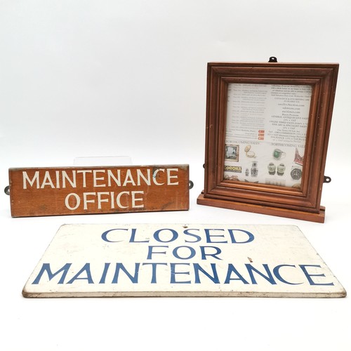 57 - 2 x Vintage hand painted signs 'Closed for maintenance' (51cm x 25cm) & 'Maintenance Office' t/w sig... 