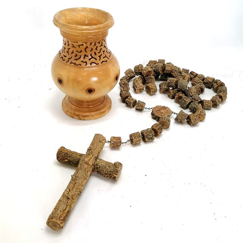 77 - Very large wooden rosary - chain 220cm long & drop to bottom of cross 60cm t/w turned wooden vase wi... 