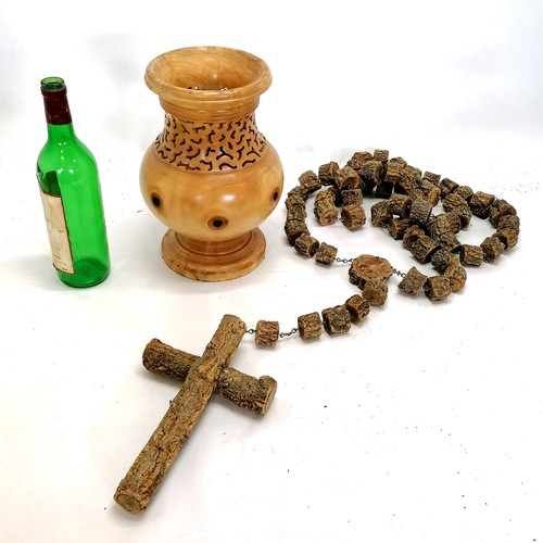 77 - Very large wooden rosary - chain 220cm long & drop to bottom of cross 60cm t/w turned wooden vase wi... 