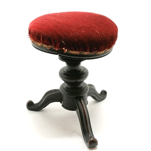 87 - Revolving piano stool on 3 scroll legs with red velvet upholstery - 42cm wound to bottom ~ old repai... 