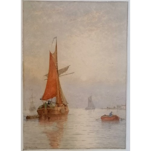 110 - George Stanfield Walters (1838-1924) watercolour painting of boats at sea under a hazy sun (Amsterda... 