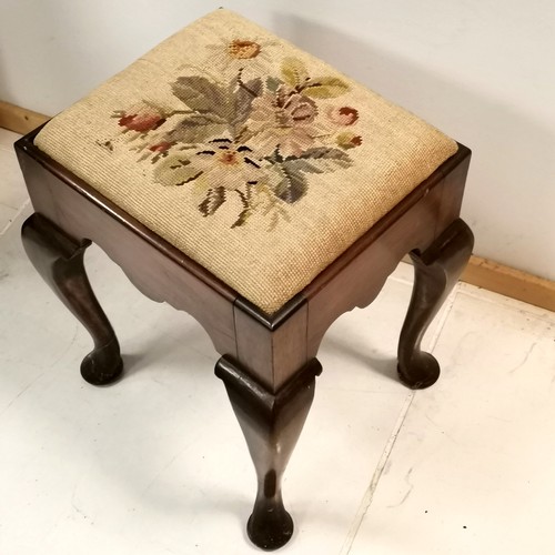 119 - Mahogany framed tapestry top stool on cabriole legs, 36 cm wide, 32 cm deep, 45 cm high. in good use... 