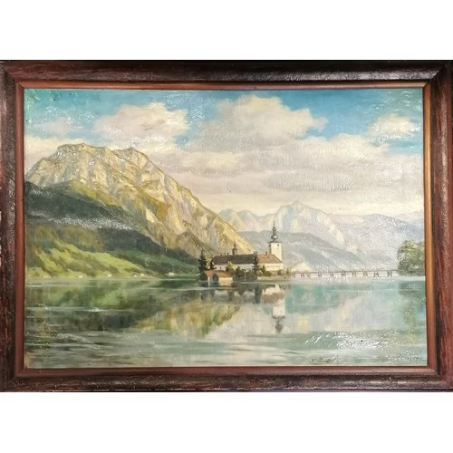 121 - Fritz Modrow (1888-1986) oil painting on canvas of Schloss Ort (Austria) on the Traunsee lake with E... 