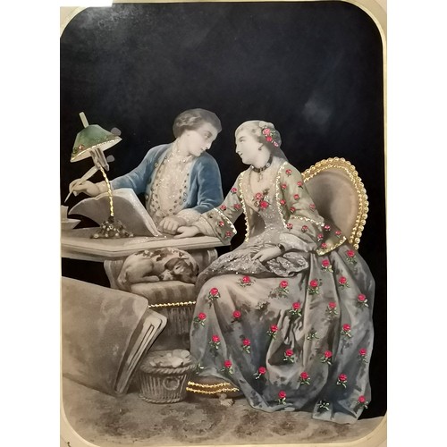 150 - Pair of antique framed 3d decoupage paper scenes of seated figures with gold embellishments, some ha... 