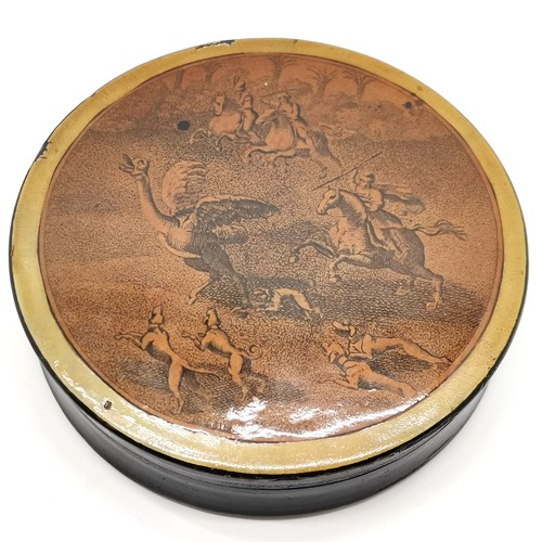 153 - Antique papier-mâché circular snuff box depicting an emu being hunted to the lid 9cm diameter, some ... 