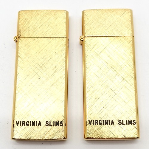 154 - Pair Virginia slims 14k gold plated lighters in their original boxes 6cm x 3cm, in unused condition