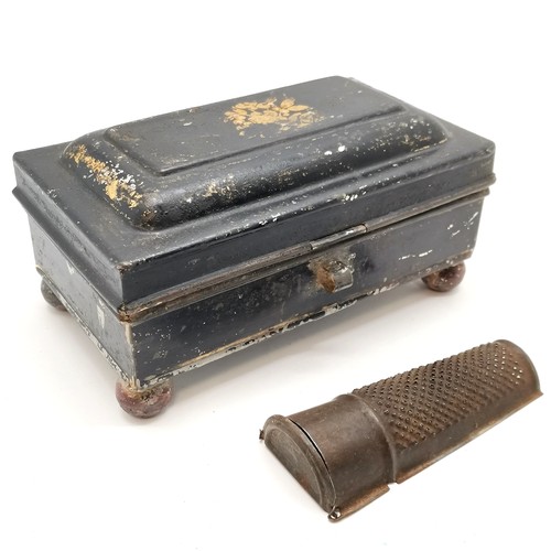 155 - Antique japanned rectangular spice tin with original grater 17.5cm x 10cm x 9cm high. Has loses to t... 