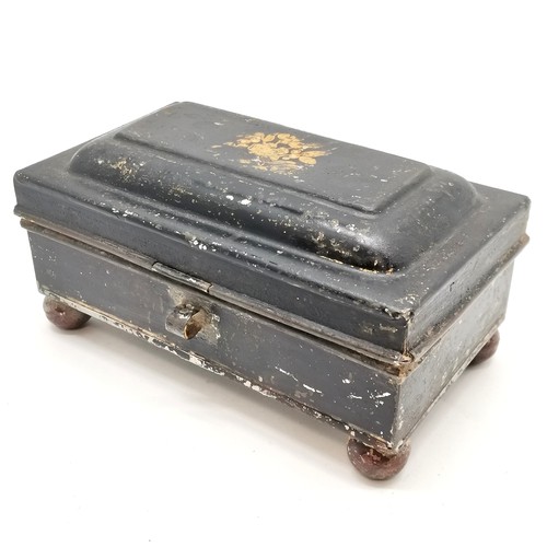 155 - Antique japanned rectangular spice tin with original grater 17.5cm x 10cm x 9cm high. Has loses to t... 