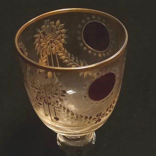 156 - Antique continental cut glass wine goblet with gold filled etched decorationand red glass roundels 2... 