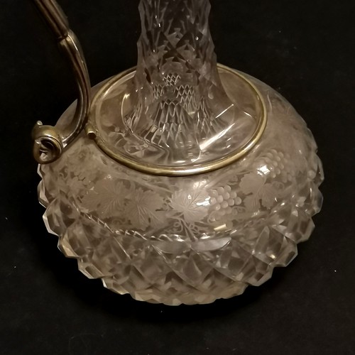 158 - Victorian cut glass claret jug with silver plated mounts with pineapple finial and etched grape vine... 