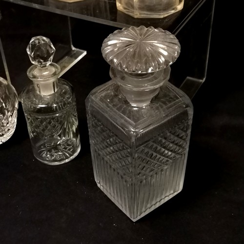 161 - Pair of antique small decanters with etched decoration 23cm high - both have damaged stoppers T/W 3 ... 