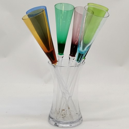 167 - Set of 6 coloured glass flutes 32cm long in a glass container- no obvious damage